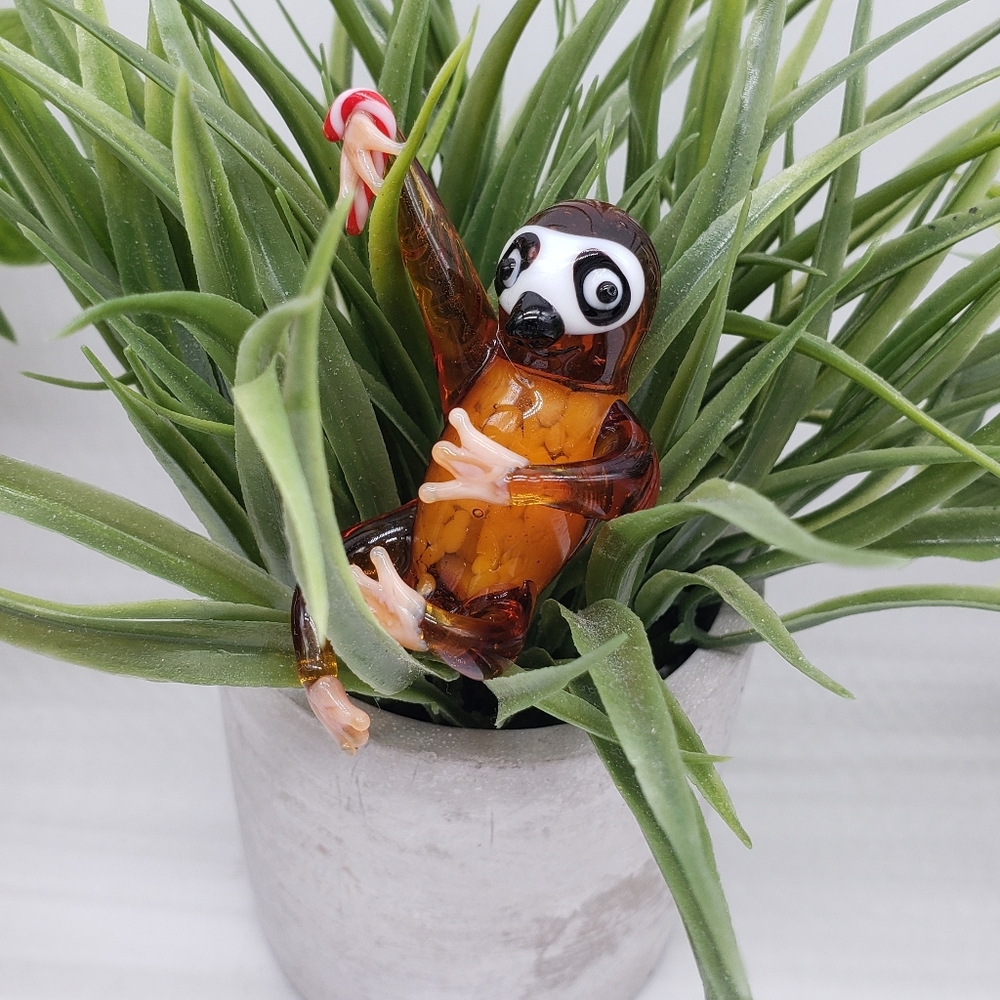 Pier 1 Orange Brown Blown Art Glass Sloth With Candy Cane Ornament
